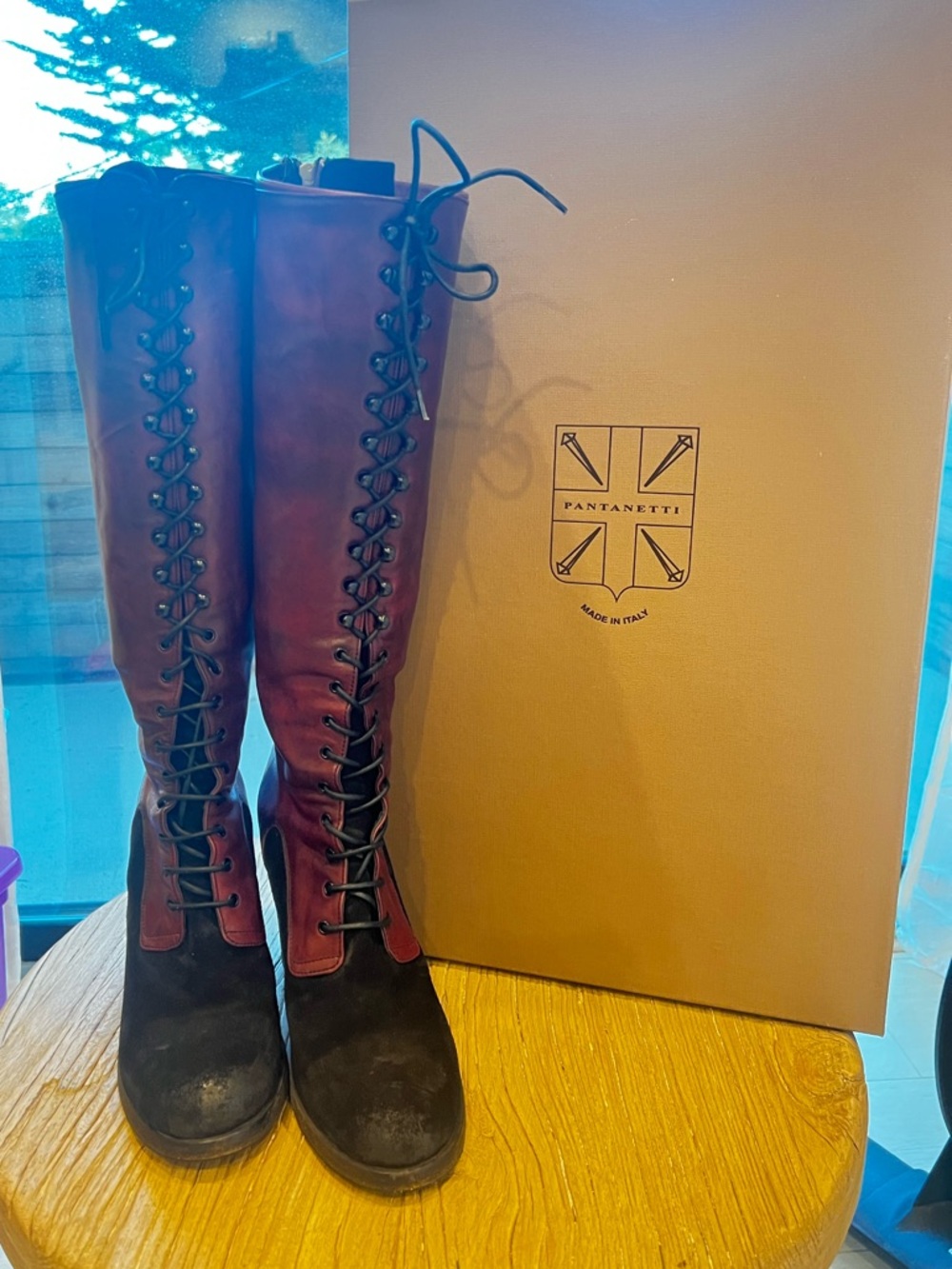 Pantanetti, made in Italy,Two-Tone Lace-Up Knee Boots in Burgundy and Black
